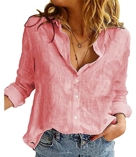 Lätta damskjortor med krage och V-hals, solida, upprullbara ärmar, button-down-blusar, toppar, ROSA, XL