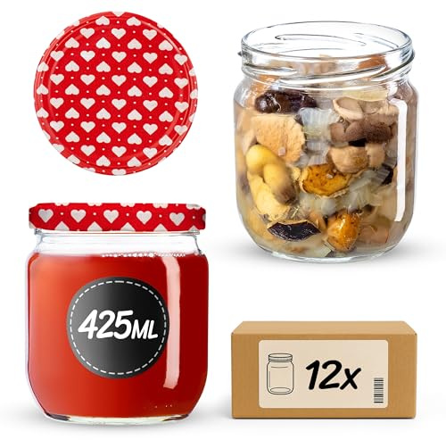 KADAX Barattoli per marmellata da 425 ml, con tappo a vite, barattoli con tappo a vite, barattoli per conserve, confetture, miele (cuore/12 pezzi)