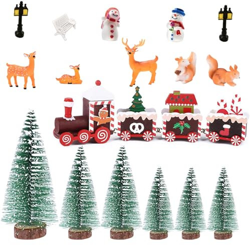 (17 Pezzi) Mini Trenino in Legno Natalizio Alberi di Natale Sisal in Miniatura Figurine Natalizie Miniature Renna Scoiattolo Decorazioni da Tavolo Natalizie Addobbi Ornamenti Natalizie