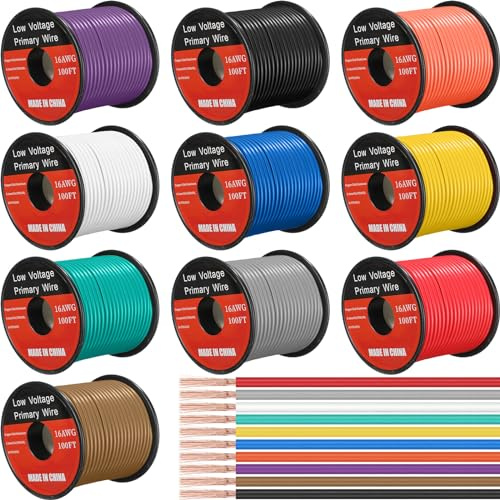 Gisafai 10 bobinas de alambre primario de 30,5 m por rollo (304,8 m en total) de aluminio revestido de cobre para mazo de cables automotrices de 12 V, cableado de audio y vídeo para coche (calibre 16)