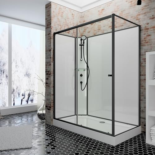 Schulte Fertigdusche Komplettdusche 120 x 80 cm Duschtempel Ibiza, 5 mm Sicherheits-Glas, Profile Mattschwarz, Duschsystem Mattschwarz, Rückwände weiß, Duschwanne weiß