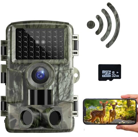 TESPHAN Wildkamera 48MP 4K, Wildkamera mit Bewegungsmelder Nachtsicht, Outdoor Wildtierkamera mit Nachtsicht Bewegungsmelder, Wildtierkamera mit 32G Speicherkarte (Tarnfarbe Grün)