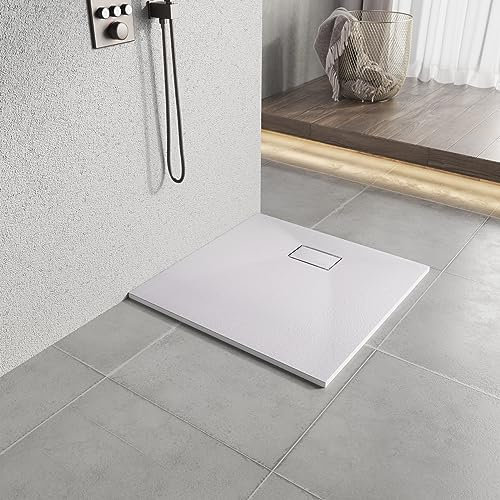 Heilmetz Piatto doccia 80x80 cm piatto,Piatto doccia Bianco antiscivolo effetto pietra + copertura SMC, apertura di scarico Ø 90 mm (senza sifone)