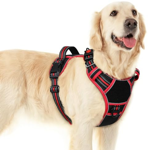 Eagloo Dog Harness for Large Dogs, Easy Wearing with 3 Buckles, Adjustable No Pull Pet Harness with 2 Rings for Walking, No Chock Reflective Soft Padded Vest with Control Handle, Black & Red, L