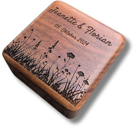 C|UTE - Ringbox Hochzeit personalisiert aus Holz mit Gravur – Einzigartige Ringschatulle für Trauringe, perfektes Hochzeitsgeschenk für Brautpaar, hochwertig aus Walnussholz mit Namen (Vintage-Blumen)