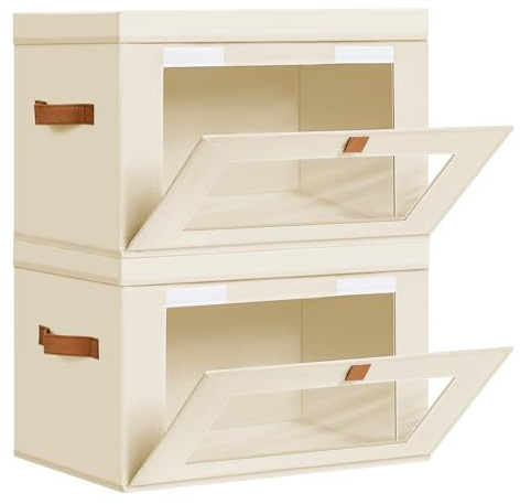 DIMJ Wardrobe Storage Box with Lid - 2 Pack Collapsible Bins with Handle and Front Window, Decorative Fabic Boxes Clothing Organiser for Shelves Containers Bedroom Office, Beige, 42×30×28CM