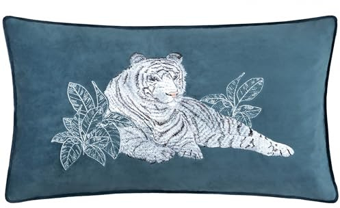 Paoletti Funda de cojín Bordada con Tigre Blanco Odisha - Azul - 30x50cm