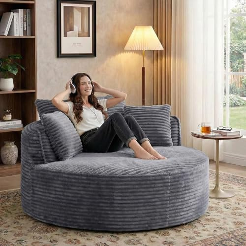 54Round Chair Chaise Lounge Indoor, Cloud Boneless Chair w/ Side Pocket