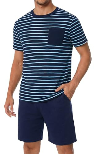 Bresdk Pijama Hombre Verano Conjunto de Pijamas Algodón Corto Ropa de Dormir a Rayas Cuello Redondo Suave y Cómodo S-3XL