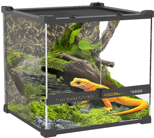 PawHut Terrarium für Reptilien Glasterrarium 24L Reptile Fütterungsbox mit Frontbelüftung Steinrückwand ausbruchsicherer Drehverschluss Reptilienzuchtbox für Amphibien Spinne Schwarz 30 x 30 x 30 cm