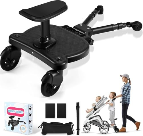 JoyCushy Buggy Board with Seat, Universal Buggy Board with Pram Organiser Bag, Kiddy Boards for Children from 2-6 Years (Load 25 Kg), Fits 99% of Strollers