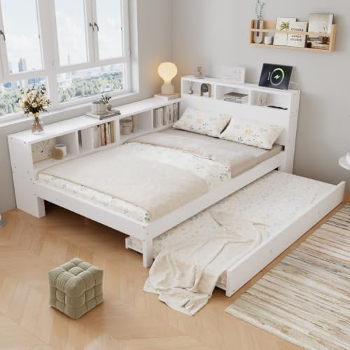 Sweiko Lit Gigogne en Bois 120x200 cm avec Rangement et Prises USB, Blanc | Lit Enfant 90x190 cm, Étagère Latérale, Montage Réversible pour Chambre Ado ou Invités, sans Matelas
