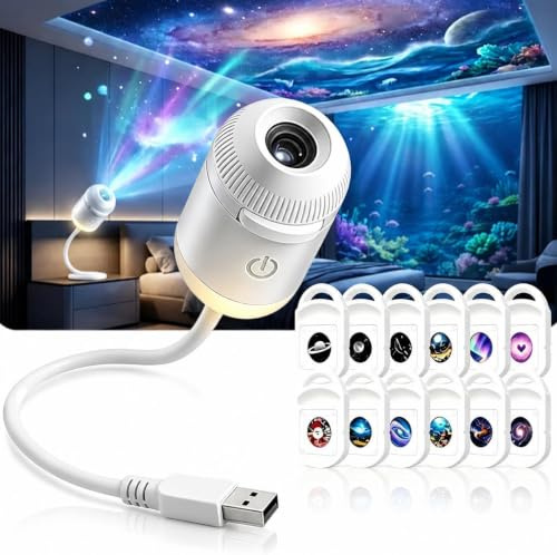 2-i-1 USB Galaxy Star-projektorlampa, 5D dynamisk holografisk nattlampa | 360 justerbar svanhals, 3 6 12 24 utbytbara diabilder för sovrum barn inomhus dekor vit