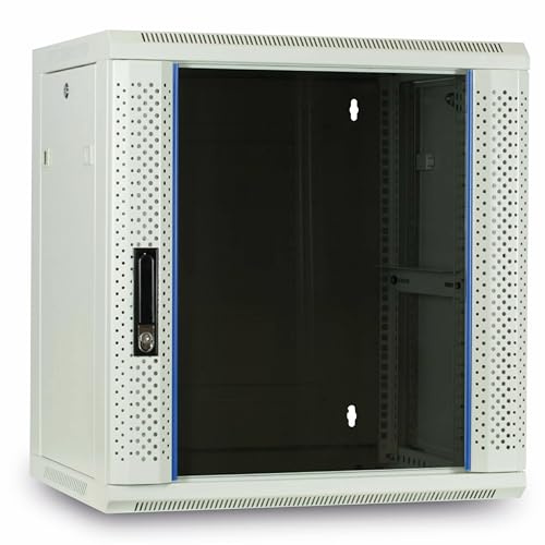 DSIT 12HE nätverksskåp (serverskåp) 19 tum väggmontering – med glasdörr – vit/gråvit – (B x D x H) 600 x 450 x 634 mm – Låsbar – lastkapacitet 60 kg – robust konstruktion