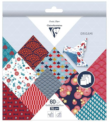 Clairefontaine 95347C - Pack mit 60 Blatt Origamipapier, mit 3 Formaten, 10 x 10cm, 15 x 15cm, 20 x 20cm, 70g, 1 Pack, Hanayo