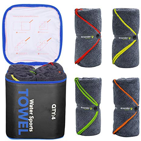 4Monster 4-Pack Quick Dry Microfiber Travel Towels – Super Absorbent, Ultra-Soft Camping Towel Set with Water-Resistant Bag, Lightweight & Compact for RV, Gym, Beach, Pool, Swimming, and Family Trips
