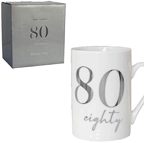 White Bone China Mug with Silver Foil Number - 80th Eighty 80 Birthday