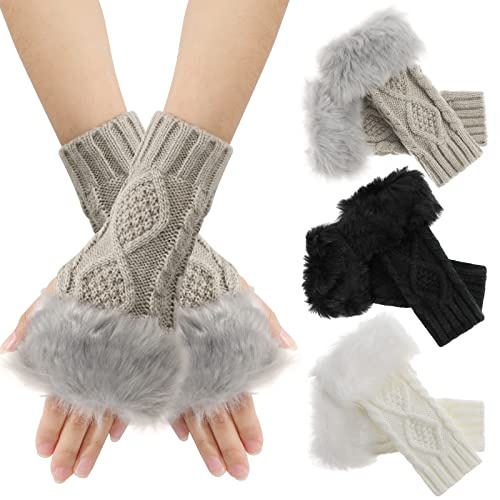 PHOGARY 3 Paia Guanti Senza Dita Caldo a Maglia, Guanti da Donna a Maglia Guanti Caldi di Maglia Guanti Pelliccia Ecologica Guanti Donna Termici Invernali con Fori per le Dita per l'Autunno Inverno