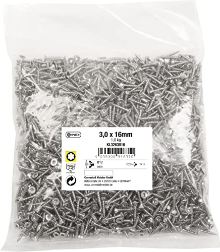Connex Universalschrauben 3,0 x 16 mm - 1 kg Großpack - Senkkopf - TX-Antrieb - Vollgewinde - Edelstahl rostfrei / Schrauben-Set / Schrauben im Beutel / KL3263016