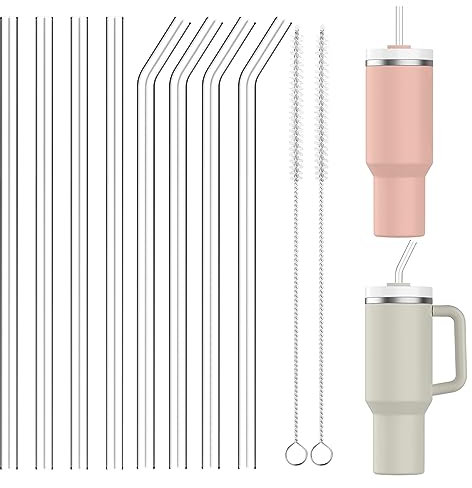 Musiwanna Replacement Glass Straws Compatible with 30/40oz Stanley Cup, 8Pcs 31cm/12in Long 1cm Diameter Straw Set with 2Pcs Brush, Extra Long Drinking Glass Straws for Stanley 0.89 L/1.2L Cup