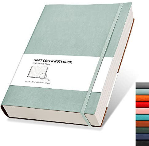RETTACY B5-anteckningsbok linjerad – tjock dagbok med 320 numrerade sidor, 1 bakficka och högkvalitativt mjukt skydd för kvinnor och män på kontoret eller i skolan, 19 x 25 cm – gråblå