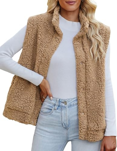 Maeau Chaleco de Peluche para Mujer - Térmico, Informal, Cálido, Mullido - Cuello Alto, Botones - Otoño e Invierno al Aire Libre - Caqui