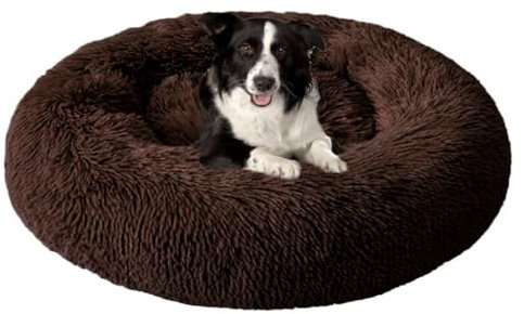 ZHULONGRUSHUI Hundebett für Mittelgroße und Große Hunde,Hundekissen,Hundekorb,Donut Kissen,Waschbar,rutschfeste Unterseite,Anti-Angst,Hundebett Katzenbett Flauschig Rund aus Plüsch(Dunkelbraun)