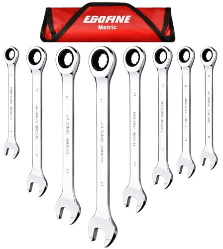 Egofine 8-teiliges Ratschenschlüssel-Set, Cr-V-Stahl, Mertic-Schraubenschlüssel-Set von 7 mm bis 17 mm, Ratschenschlüssel mit 72 Zähnen, 12-Punkt-offenes Ende und Ringmaulschlüssel-Set mit