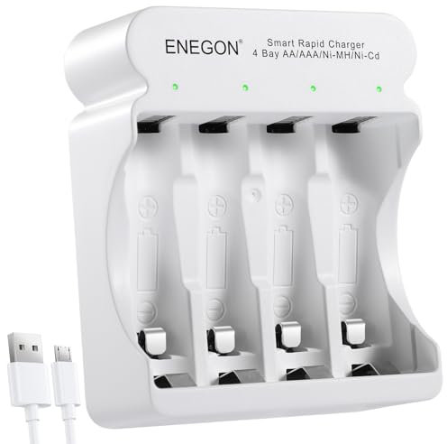 ENEGON Cargador de Batería Recargable de 4 Ranuras Ultrarrápidas: Especialmente Diseñado para Pilas AA y AAA con Entradas Tipo C y Micro-USB, Tecnología Avanzada de Detección Inteligente.