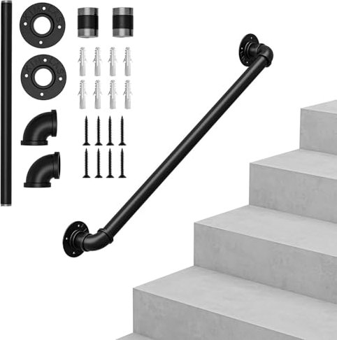OUNUO Handlauf Treppengeländer Geländer Wandhandlauf Wandhalterung Innen & Außen, Rund Ø32mm, für Treppen Brüstung Balkon, Schwarz, 120cm