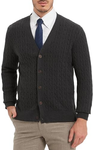 Kallspin Cardigan en tricot torsadé pour homme en pur coton avec col en V et boutons, charbon, Taille XL