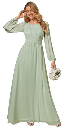 Ever-Pretty Robe formelle en mousseline plissée avec col rond et manches longues pour femme 0106B