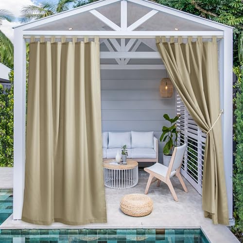PONY DANCE Cortinas Exterior Impermeable Cortinas para Pergolas de Patio Jardin Terraza Resistente al Agua con Adhesivas 2 Piezas,140x213cm,Taupe
