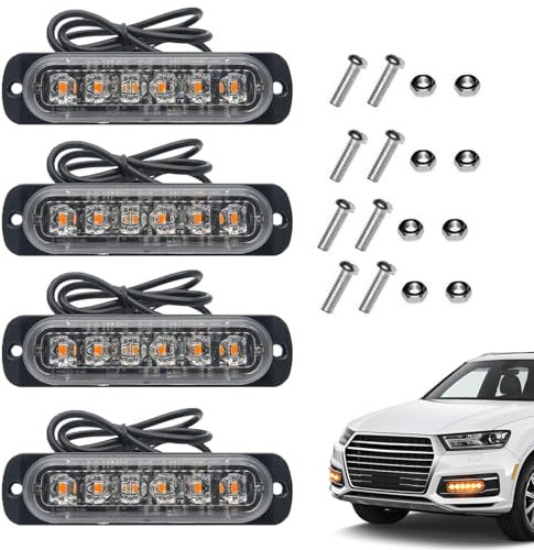 4Pcs LED Strobe Warning Lights, Amber Waterproof Hengguang Flashing Lights 12V 24V 6 LED Safety Emergency Light Constant Mode Beacons Warning Light for Vehicle Truck Trailer Caravan Boat-Constantly on