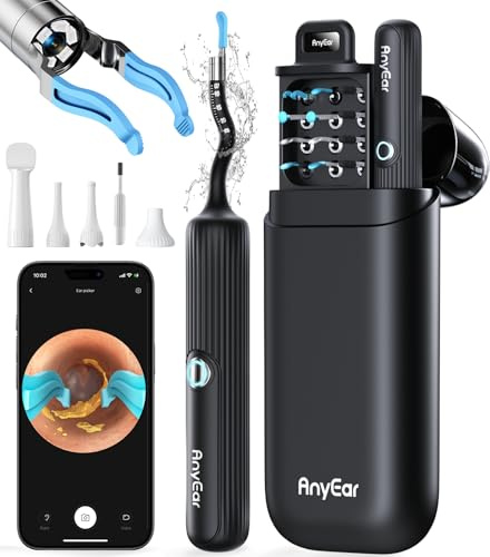 Anyear Flexible Ear Wax Removal Tool Camera, Wireless Ear Cleaner with 10MP HD Otoscope, Painless Tweezers, 12 Soft Tips, 3 Inspection Heads, Portable Earwax Removal Kit with Camera for Adults/Kids