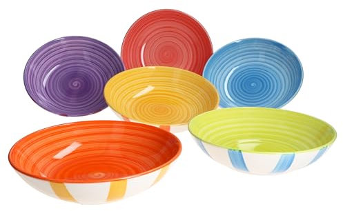 MamboCat Summer Stripes - Lot de 6 assiettes creuses - 600 ml - En faïence avec rayures colorées - Pour 6 personnes - Pour salade, soupe, céréales, pâtes, etc.