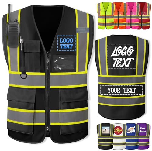 Xsersao Chaleco Seguridad Personalizado con Logotipo Chaleco Reflectante Personalizado Chalecos de Seguridad de Alta Visibilidad Dos Tonos Para Hombres Y Mujeres Que Trabajan,Negro