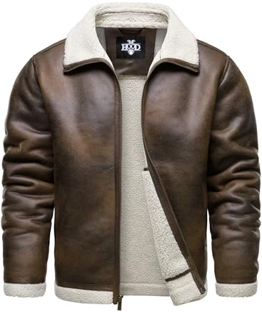 HOOD CREW Men’s Vintage Distressed Jacket Winter Warm Faux Shearling Leather Bomber Jackets Motorcycle Biker Coats Brown L