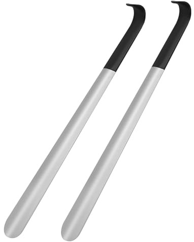 Skythrive Calzador de Acero Inoxidable Largo 41.5CM - Calzadores de Acero Inoxidable Metalicos 2 Piezas con Mango Negro para Mujeres Mayores y Embarazadas (Plata)