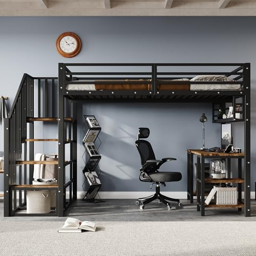 Idemon Cama de hierro, cama alta, escaleras con pasamanos, con escritorio y estante de almacenamiento, somieres estables, hierro + aglomerado, negro + oscuro, 120 x 200 cm