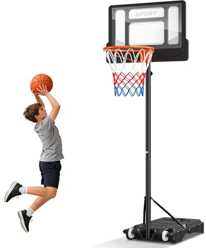 Basketboll ring utomhus, bärbar basketring och stativ på hjul med justerbart höjdnätsystem och robust bakbräda för barn, junior och vuxen park trädgård inomhus basket träningsspel