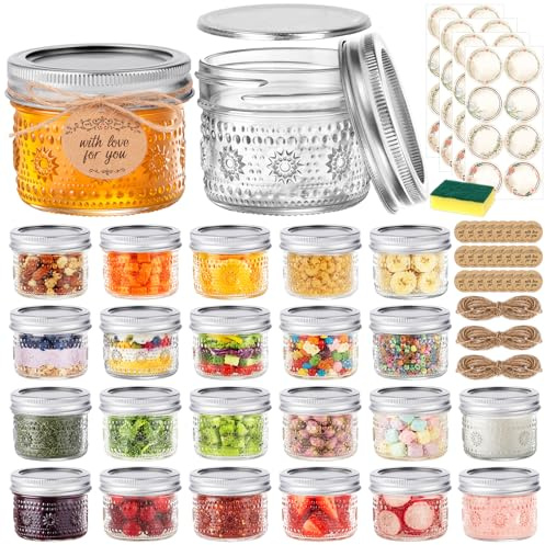 igoelove 4 oz Mason Jars with Embossed Pattern 24 Pack | Small Canning Jars with Airtight Lids | Mini Glass jars for Jams, Jelly, Honey, Spices, DIY Candles, Wedding Favors and Gift Packaging