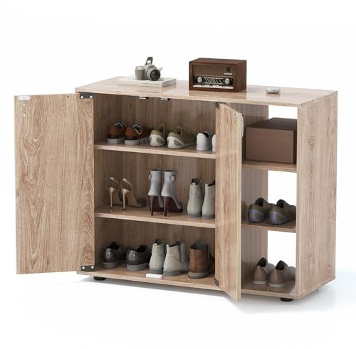 RELAX4LIFE Mobile Porta Scarpe, Organizer per Scarpe in Legno a 3 Ripiani con Ante e 3 Ripiani Regolabili, Moderno Mobile Scarpiera Autoportante per Ingresso, Corridoio, Soggiorno, Armadio (Naturale)