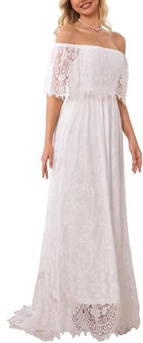 HOYISHION Women's Off The Shoulder White Lace Maxi Wedding Dress Boho Flowy Floor-Length Bridal Gown with Short Train for Brides