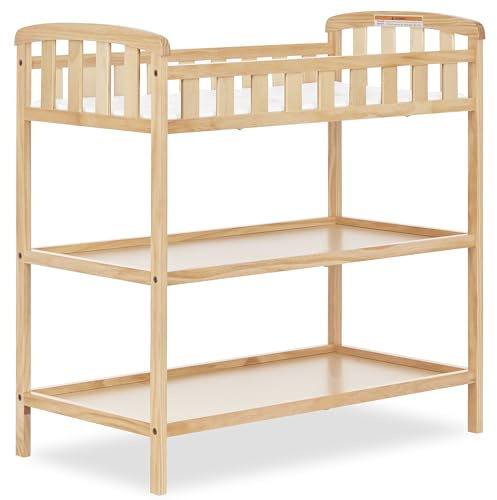 Dream On Me Emily Changing Table, Compact and Lightweight, Solid New Zealand Pinewood, Elevated Safety Rails, Two Storage Shelves, Includes Water-Resistant 1 Changing Pad — Natural