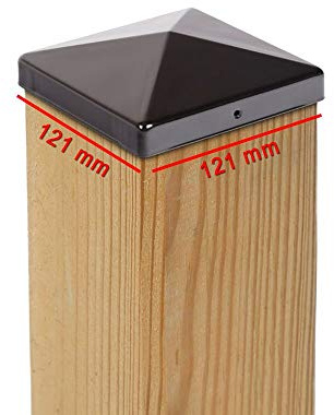 2x Copripalo a Piramide 121x121 mm – Cappuccio per Pali in Legno 120x120 mm – Acciaio Zincato e Verniciato a Polvere Nero – Protezione Resistente per Recinzioni e Giardino – Con 2 Fori di Fissaggio