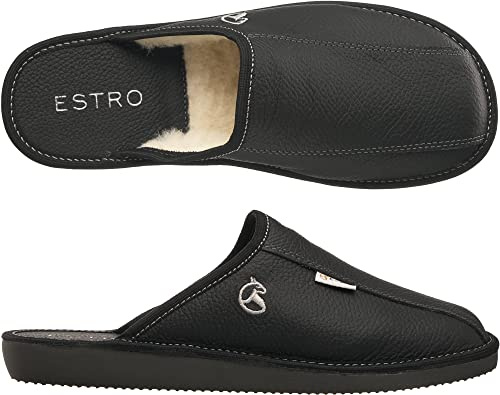 ESTRO Mens Slippers Men House Shoes Leather Home Mule Men's Slipper Memory Sole Frost (10 UK, Onyx Wool)