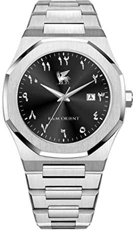 R&M ORIENT Herrenuhr mit arabischen Ziffern Edelstahl Analog Quarz Saphirglas Designer Große Armbanduhr Männer Mode Wasserdicht Uhr mit arabische Kalender Datum (Lamassu, Silber - Schwarz)