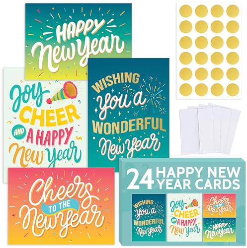 T MARIE 24 Happy New Year Cards Boxed Set With Envelopes and Gold Stickers - Assorted New Year Cards 2026 With Messages Inside - Bulk Winter Holiday Notecards and Envelope Seals