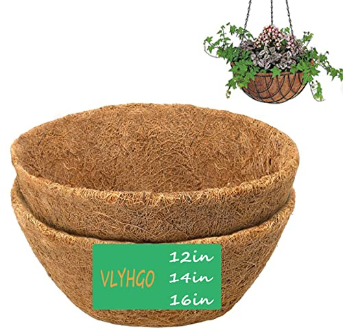 VLYHGO Coco Liner 16 Inch Hanging Basket Coir Liner 100% Natural Round Coconut Fiber Replacement Liners for Hanging Basket Flowers Vegetables (2 PCS)